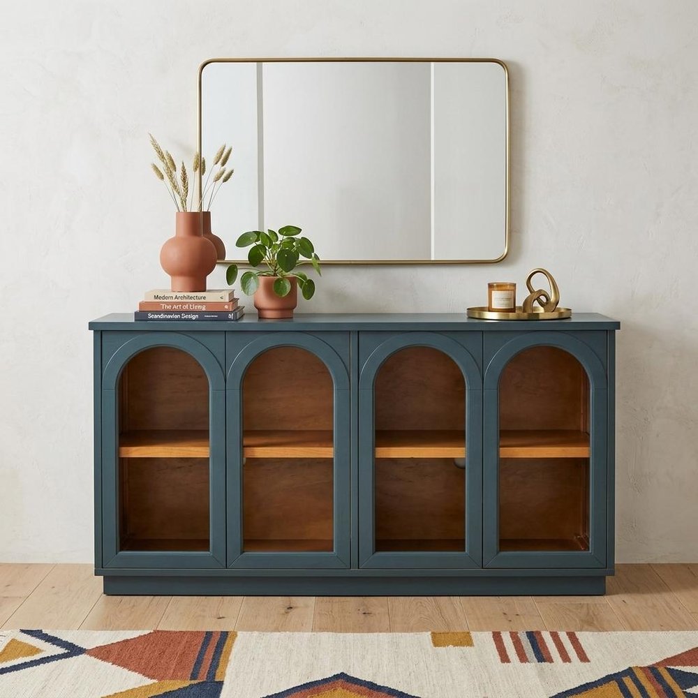 58" Brown Wood Carved Geometric Sideboard With Four Glass Doors HomeRoots