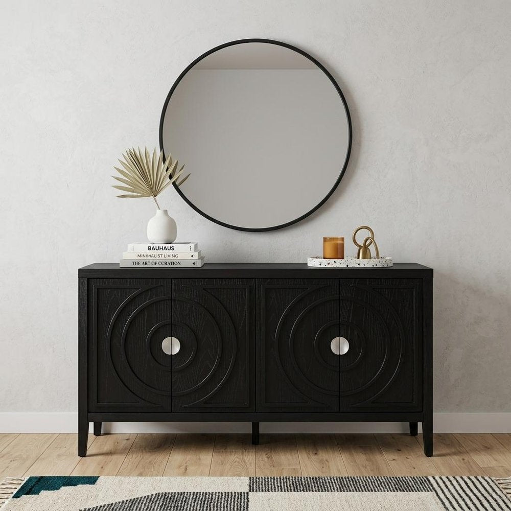 60" Black Wood Carved Geometric Circles Sideboard With Four Doors HomeRoots