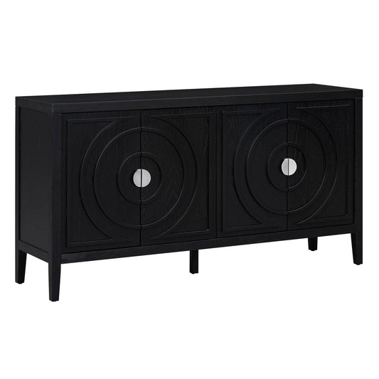 60" Black Wood Carved Geometric Circles Sideboard With Four Doors