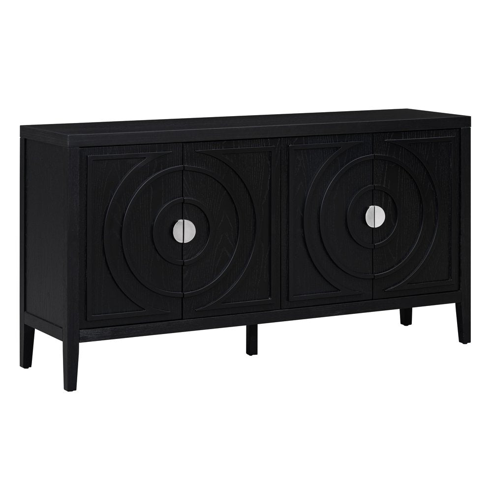 60" Black Wood Carved Geometric Circles Sideboard With Four Doors — view 1