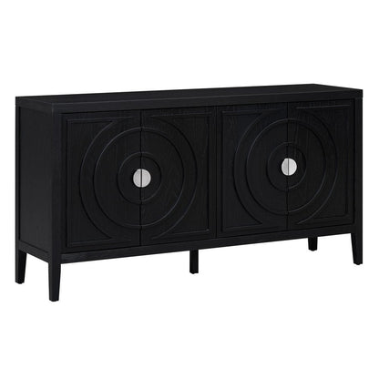 60" Black Wood Carved Geometric Circles Sideboard With Four Doors HomeRoots