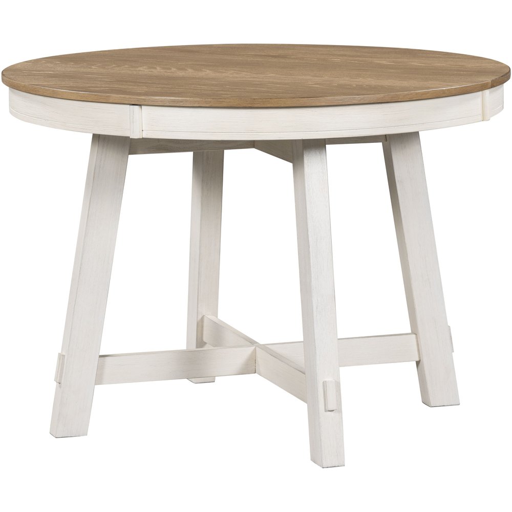 58" Oak And Antiqued White Wood Removable Leaf Cross Leg Base Oval Extendable Dining Table — view 4