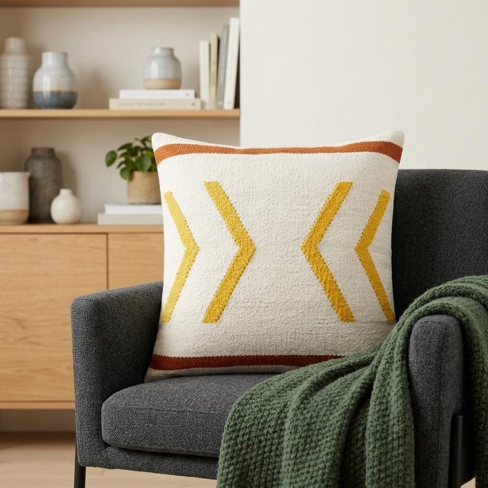 20" White Yellow And Red Striped Cotton Throw Pillow Cover