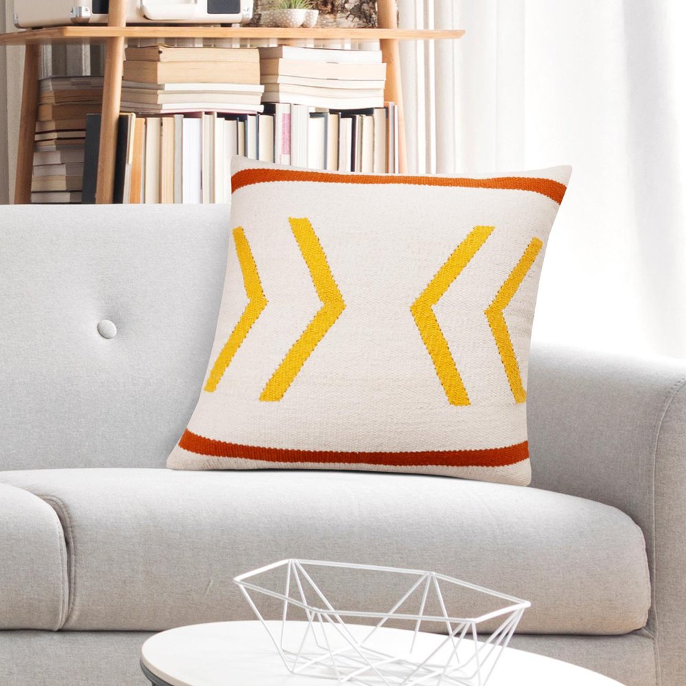 20" White Yellow And Red Striped Cotton Throw Pillow Cover — view 9