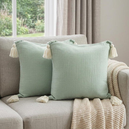 Set of Two 20" Light Green And Mint Green Cotton Throw Pillow Covers