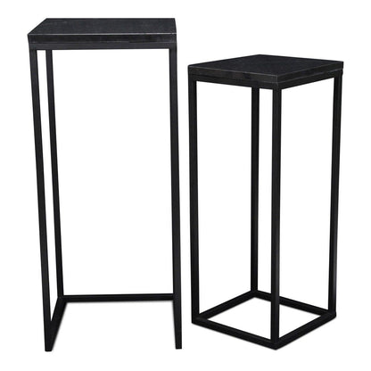 Set of Two Black Marble and Steel Square Frame Nested Tables