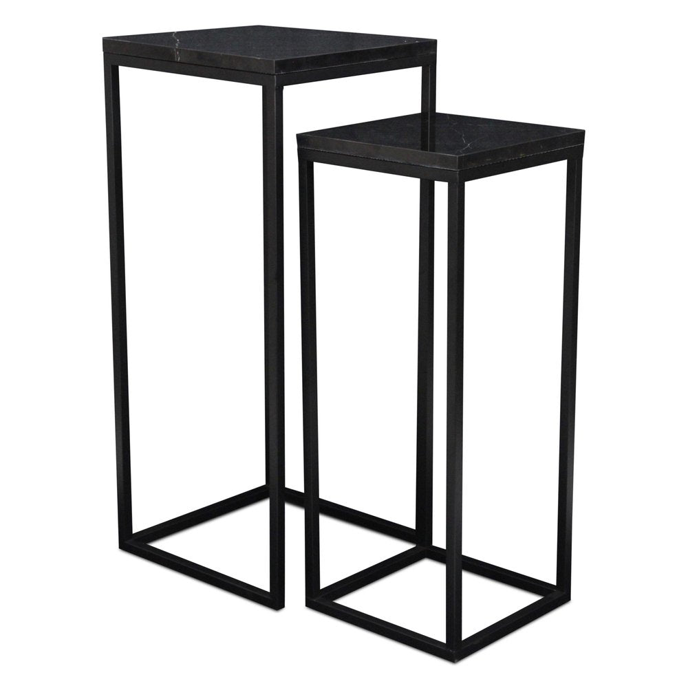 Set of Two Black Marble and Steel Square Frame Nested Tables — view 4