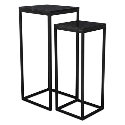 Set of Two Black Marble and Steel Square Frame Nested Tables
