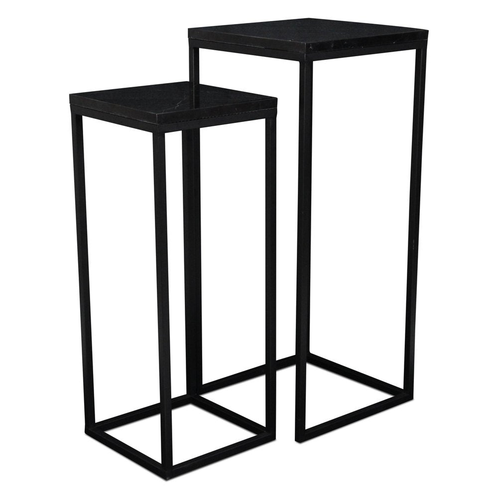 Set of Two Black Marble and Steel Square Frame Nested Tables — view 4