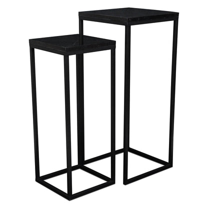 Set of Two Black Marble and Steel Square Frame Nested Tables