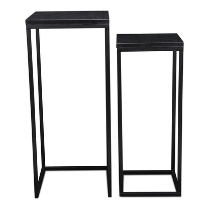 Set of Two Black Marble and Steel Square Frame Nested Tables