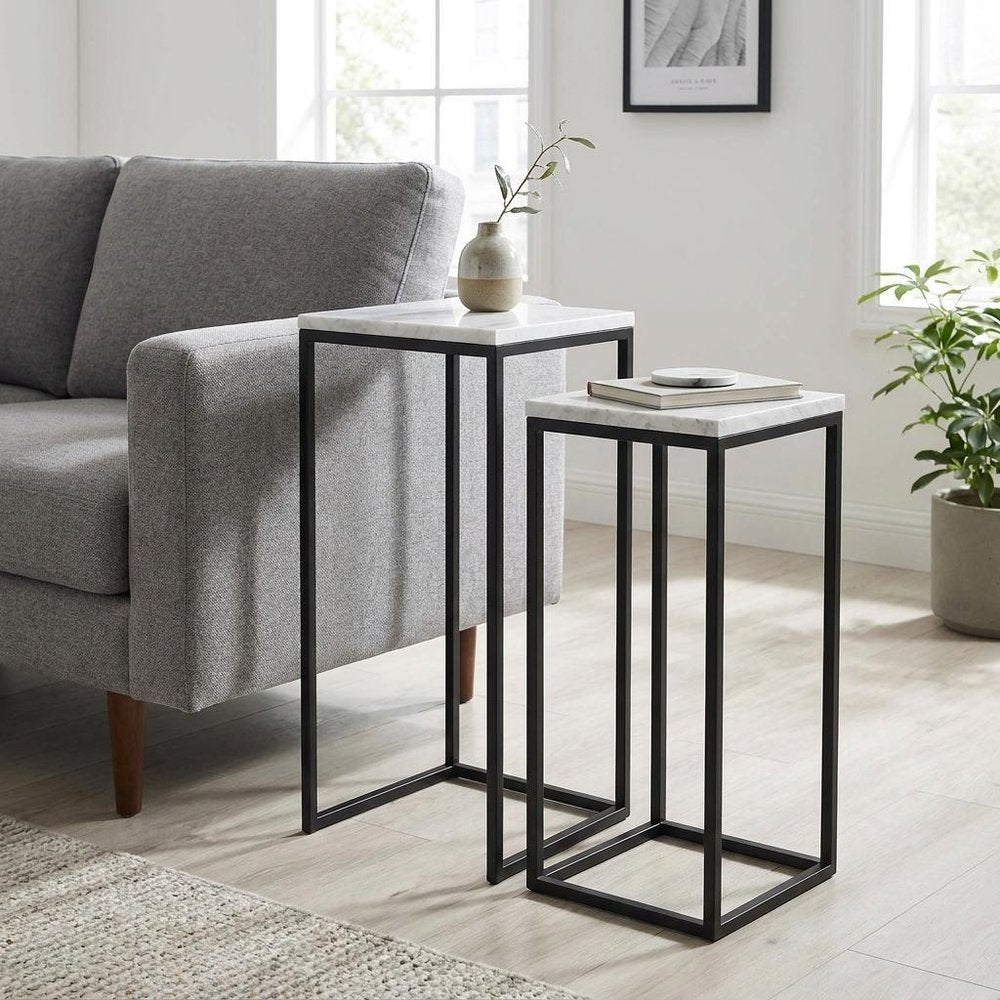 Set of Two Black Marble and Steel Square Frame Nested Tables HomeRoots
