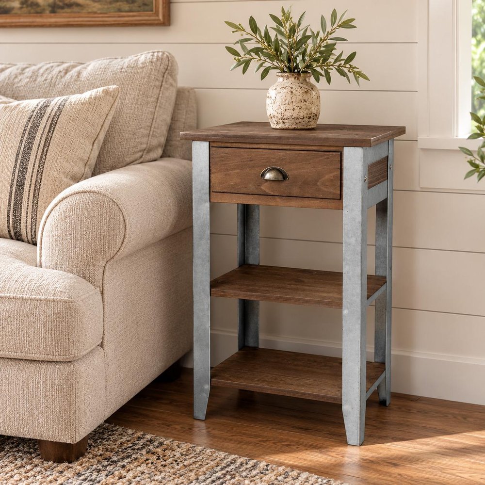 32" Brown and Silver Solid Wood and Steel End Table With Drawer And Two Shelves