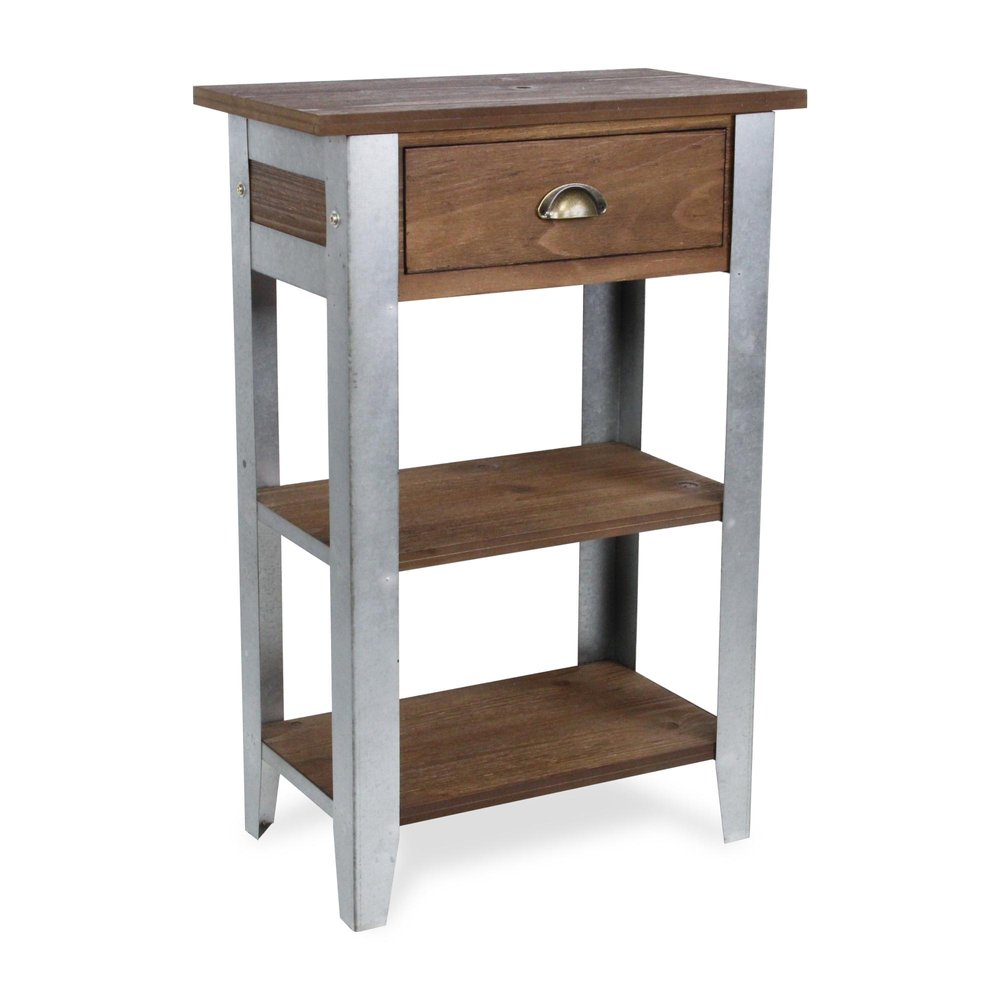 32" Brown and Silver Solid Wood and Steel End Table With Drawer And Two Shelves