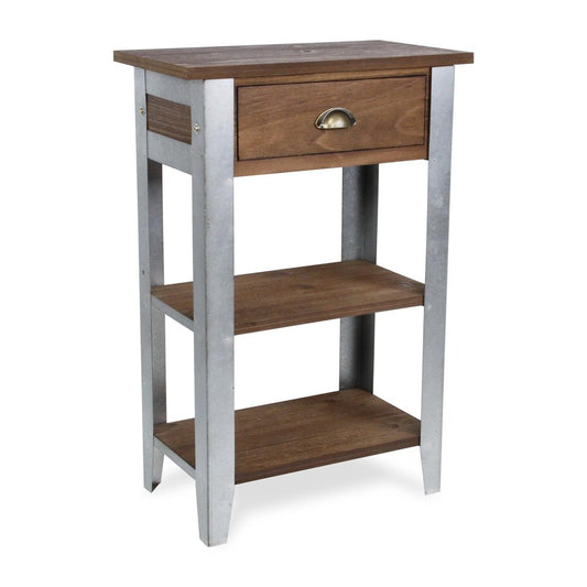 32" Brown and Silver Solid Wood and Steel End Table With Drawer And Two Shelves