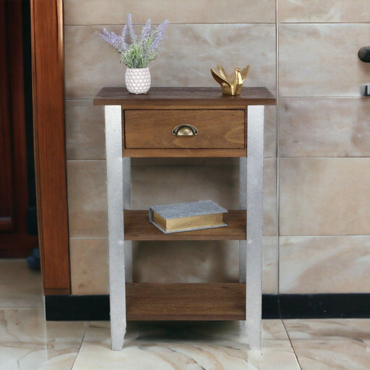 32" Brown and Silver Solid Wood and Steel End Table With Drawer And Two Shelves