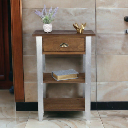 32" Brown and Silver Solid Wood and Steel End Table With Drawer And Two Shelves