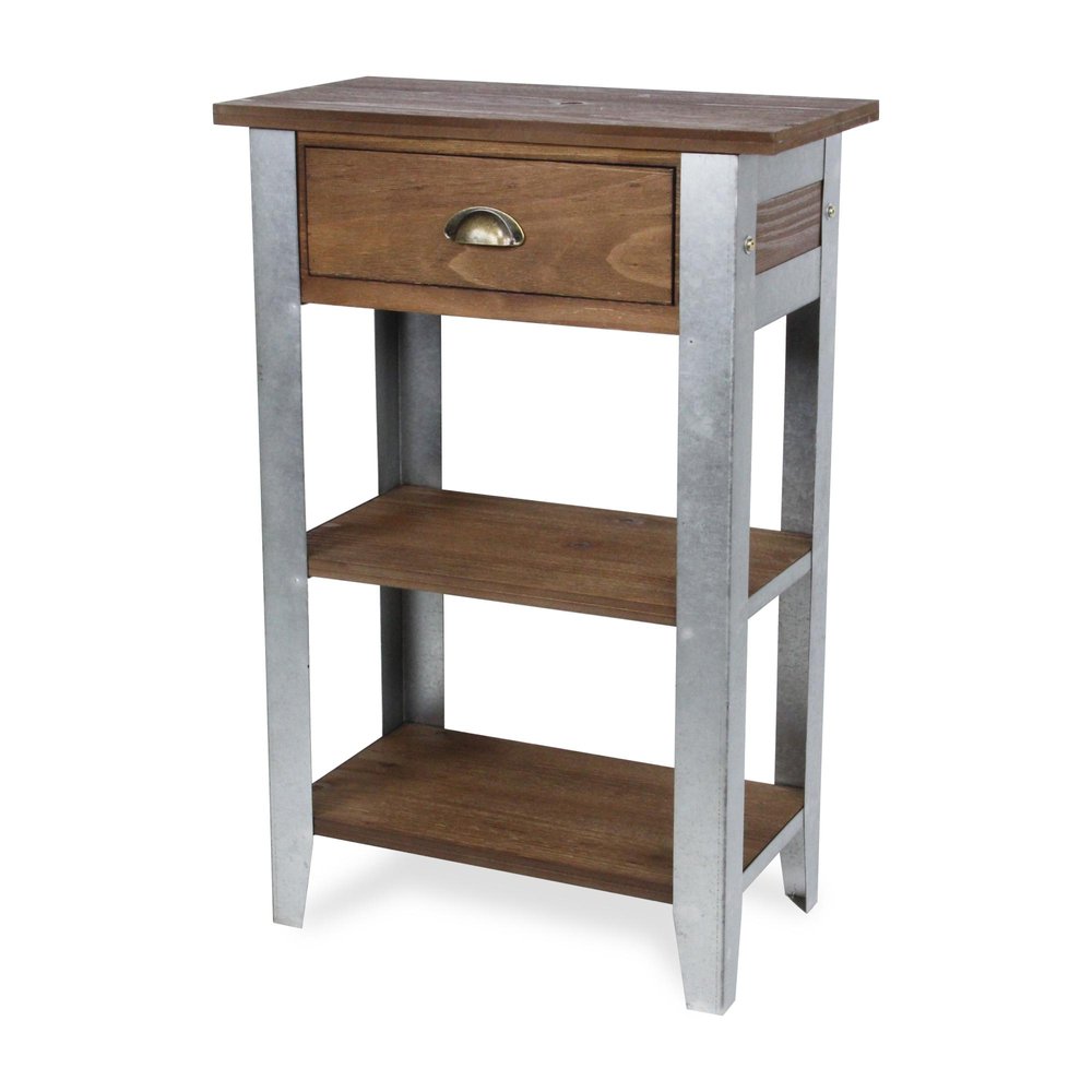 32" Brown and Silver Solid Wood and Steel End Table With Drawer And Two Shelves — view 6