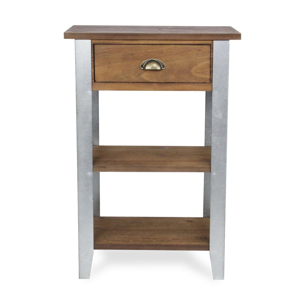 32" Brown and Silver Solid Wood and Steel End Table With Drawer And Two Shelves