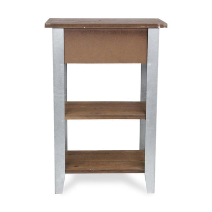 32" Brown and Silver Solid Wood and Steel End Table With Drawer And Two Shelves
