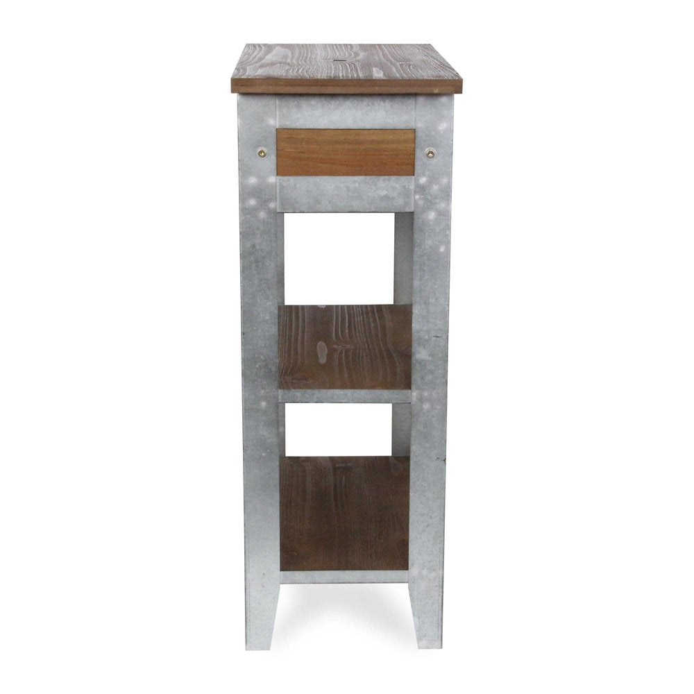 32" Brown and Silver Solid Wood and Steel End Table With Drawer And Two Shelves — view 4