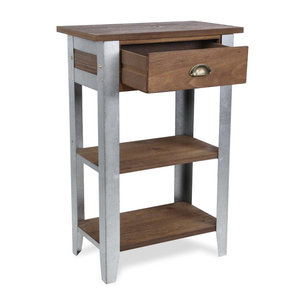 32" Brown and Silver Solid Wood and Steel End Table With Drawer And Two Shelves — view 7