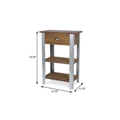 32" Brown and Silver Solid Wood and Steel End Table With Drawer And Two Shelves