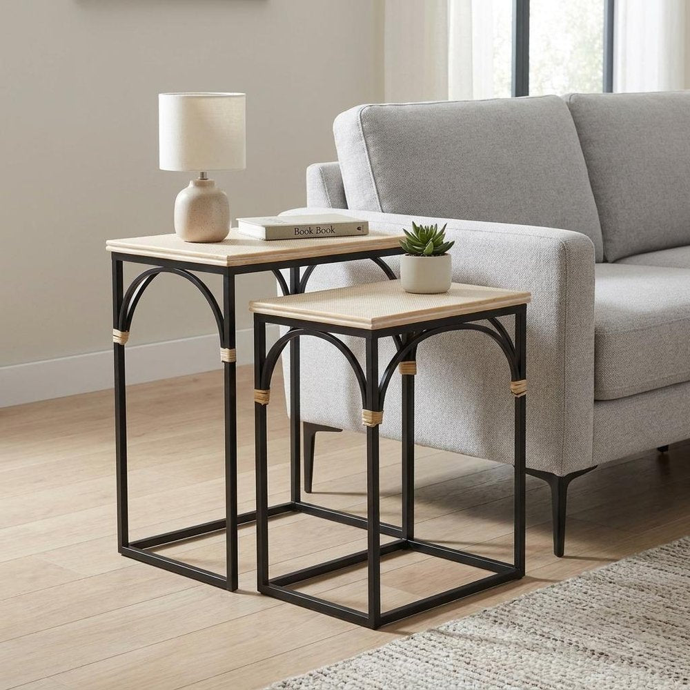 Set of Two Natural And Black Distressed Solid Wood And Steel Frame Nested Tables HomeRoots