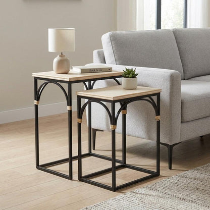 Set of Two Natural And Black Distressed Solid Wood And Steel Frame Nested Tables HomeRoots