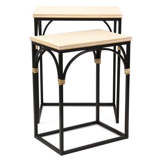 Set of Two Natural And Black Distressed Solid Wood And Steel Frame Nested Tables