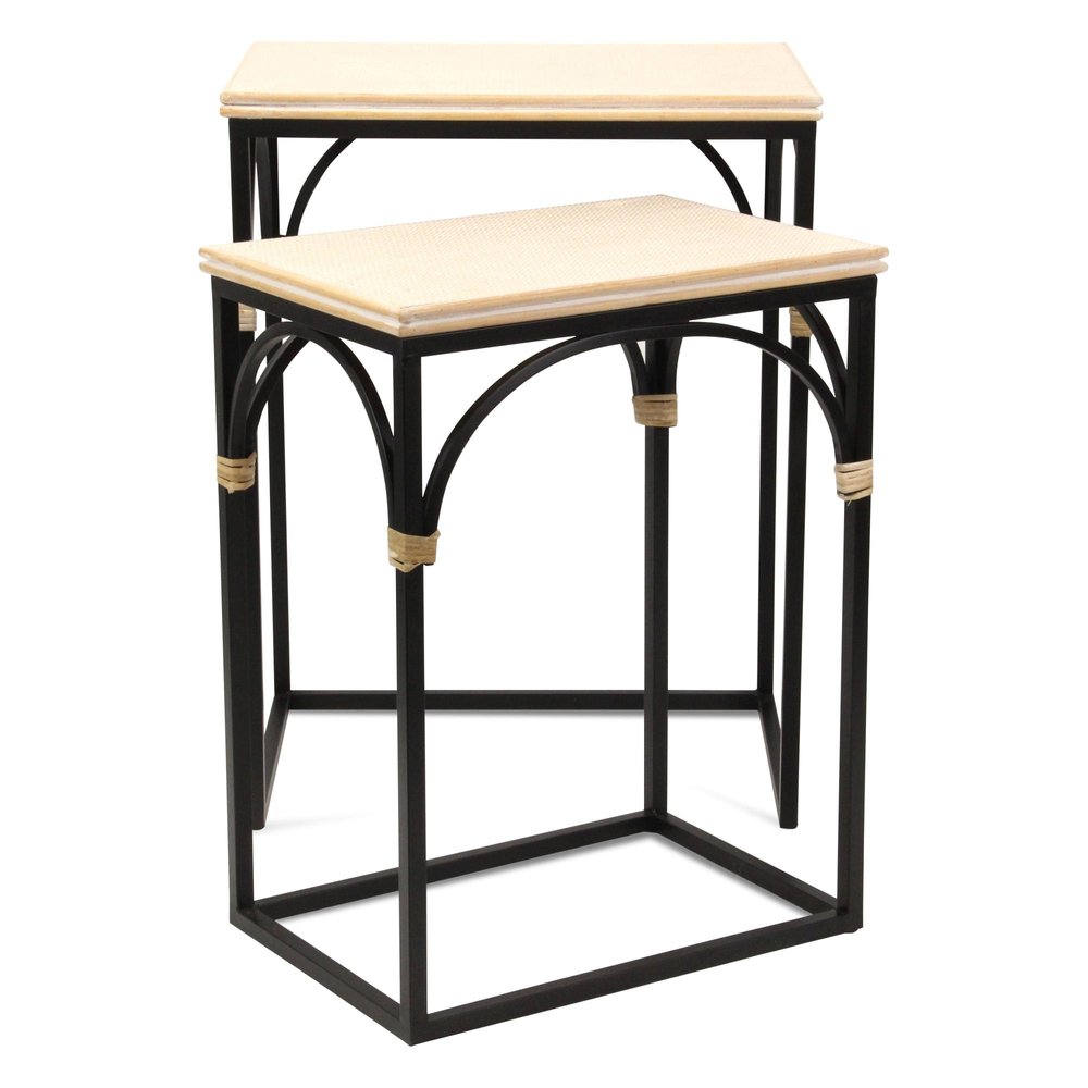 Set of Two Natural And Black Distressed Solid Wood And Steel Frame Nested Tables — view 1