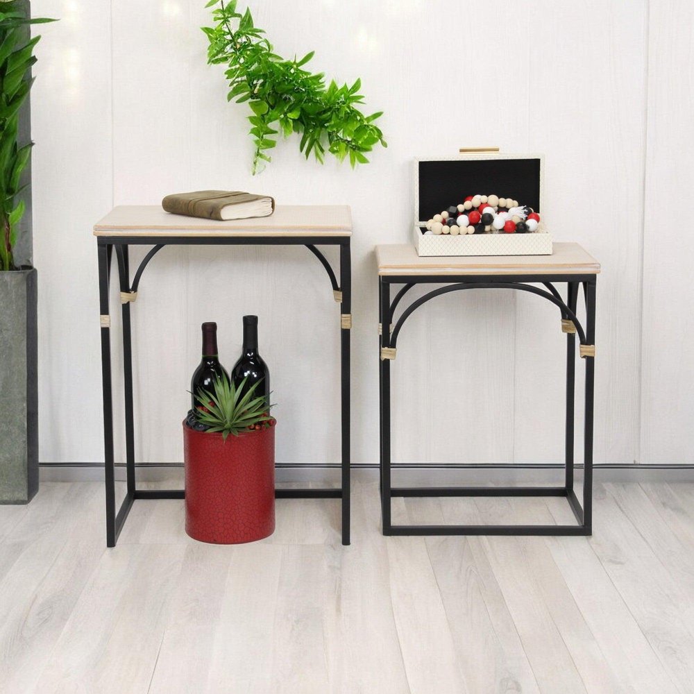 Set of Two Natural And Black Distressed Solid Wood And Steel Frame Nested Tables — view 12