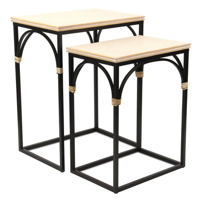 Set of Two Natural And Black Distressed Solid Wood And Steel Frame Nested Tables
