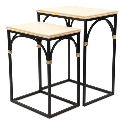 Set of Two Natural And Black Distressed Solid Wood And Steel Frame Nested Tables
