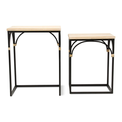 Set of Two Natural And Black Distressed Solid Wood And Steel Frame Nested Tables