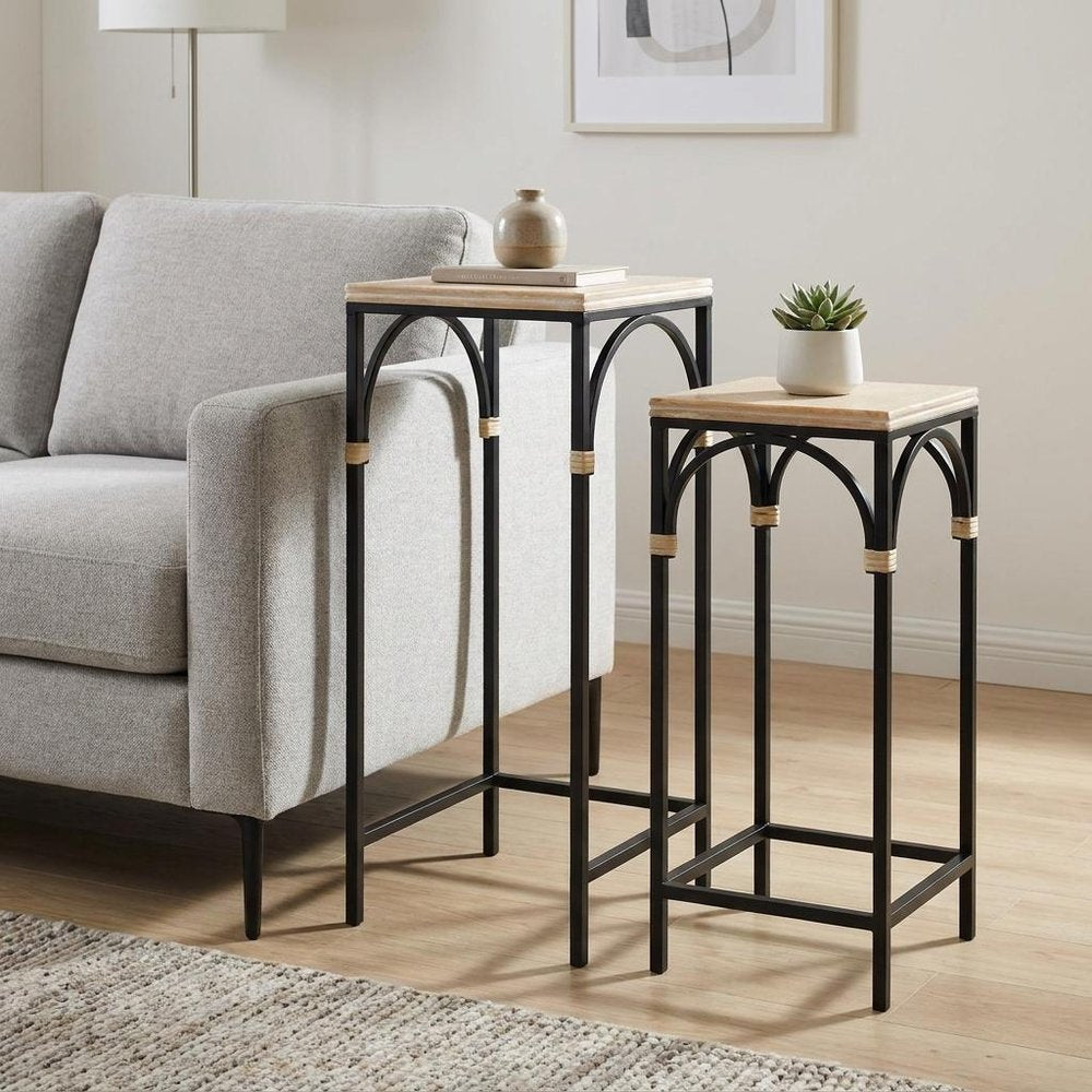 Set of Two Natural And Black Distressed Solid Wood And Steel Frame Nested Tables HomeRoots