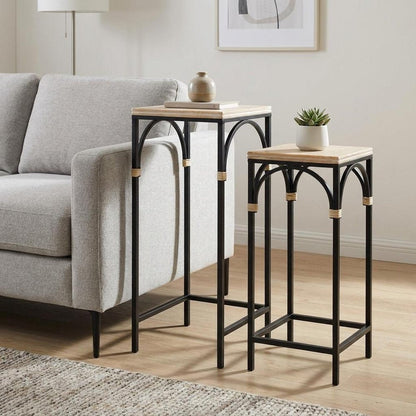 Set of Two Natural And Black Distressed Solid Wood And Steel Frame Nested Tables HomeRoots