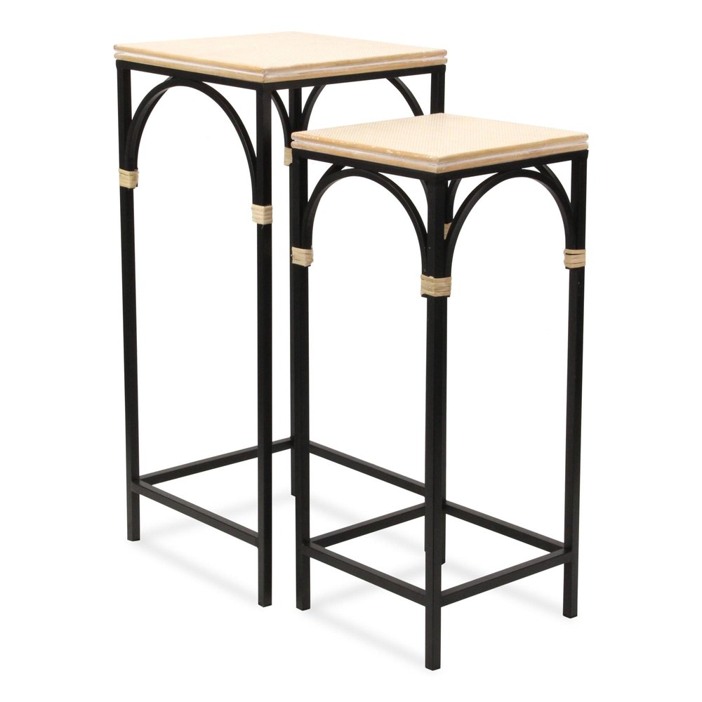 Set of Two Natural And Black Distressed Solid Wood And Steel Frame Nested Tables HomeRoots