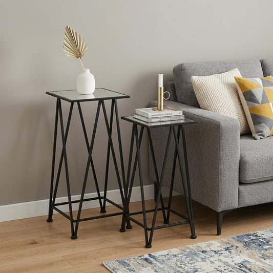 Set of Two Silver and Black Mirrored Glass and Steel Square Frame Nested Tables HomeRoots