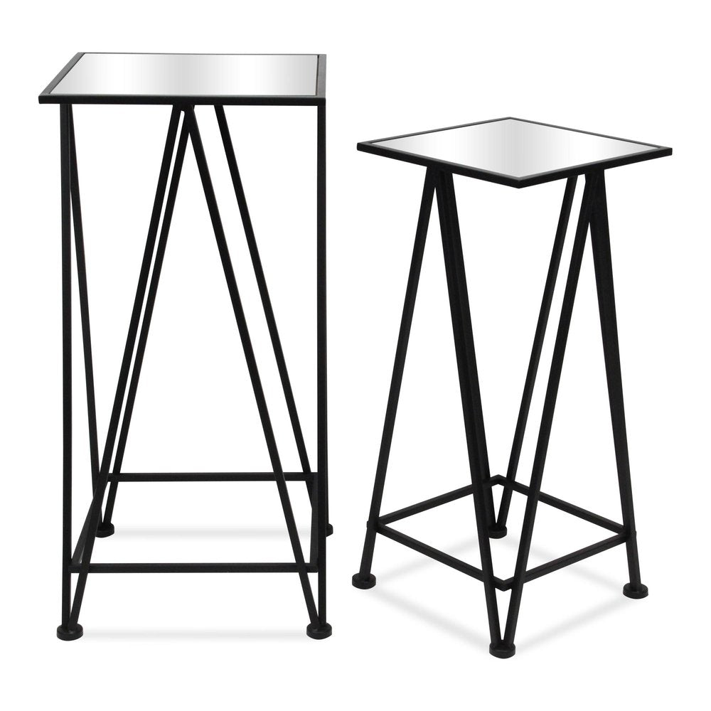 Set of Two Silver and Black Mirrored Glass and Steel Square Frame Nested Tables — view 2