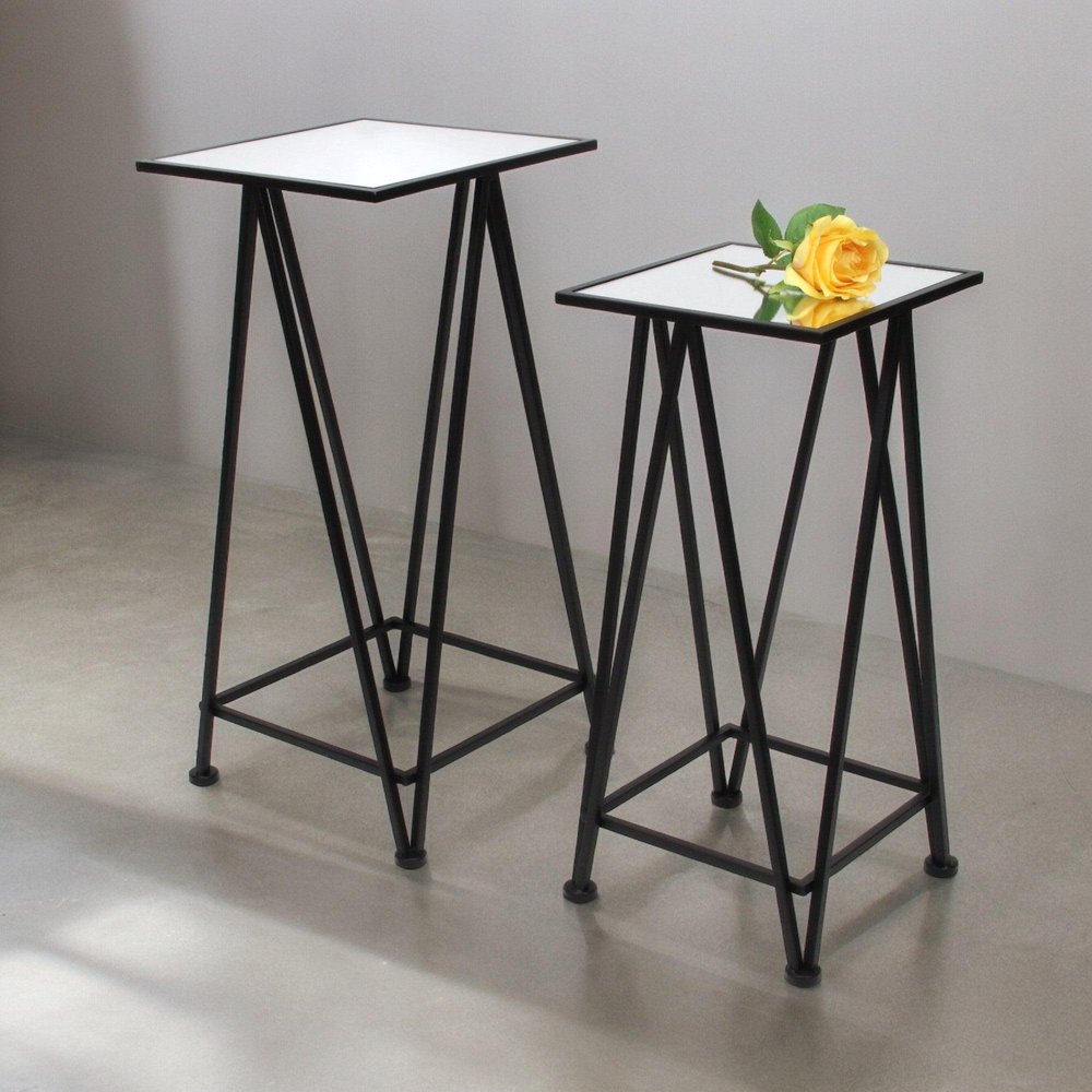 Set of Two Silver and Black Mirrored Glass and Steel Square Frame Nested Tables — view 2