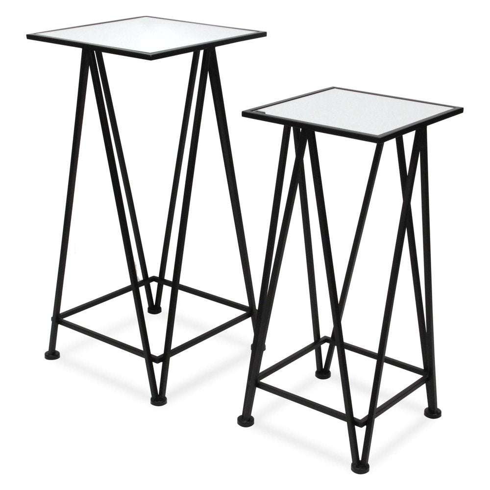 Set of Two Silver and Black Mirrored Glass and Steel Square Frame Nested Tables HomeRoots
