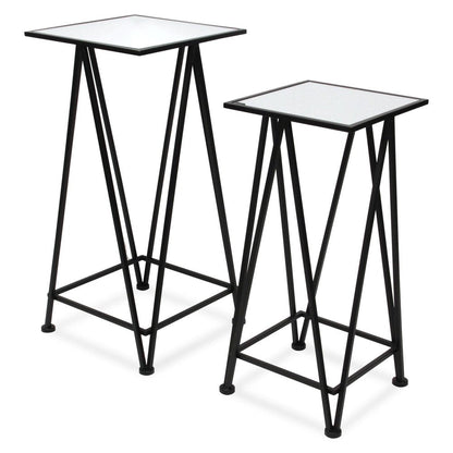 Set of Two Silver and Black Mirrored Glass and Steel Square Frame Nested Tables HomeRoots