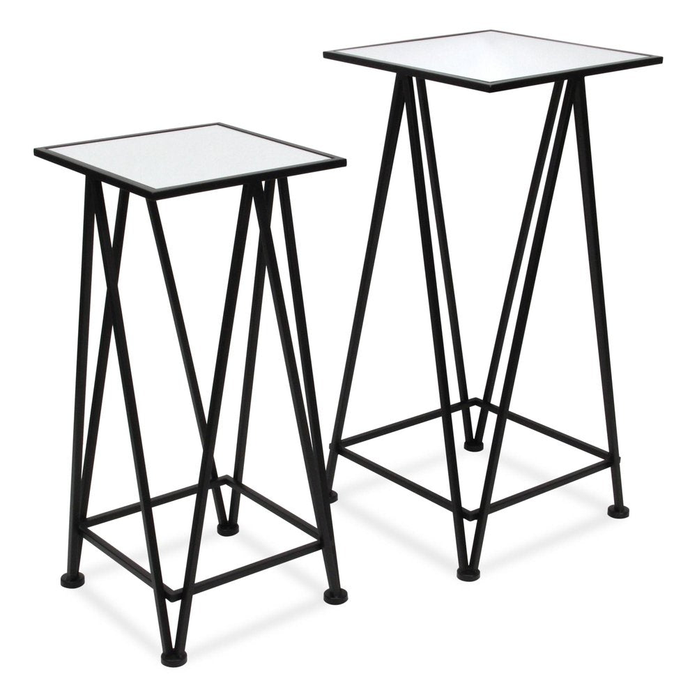 Set of Two Silver and Black Mirrored Glass and Steel Square Frame Nested Tables HomeRoots