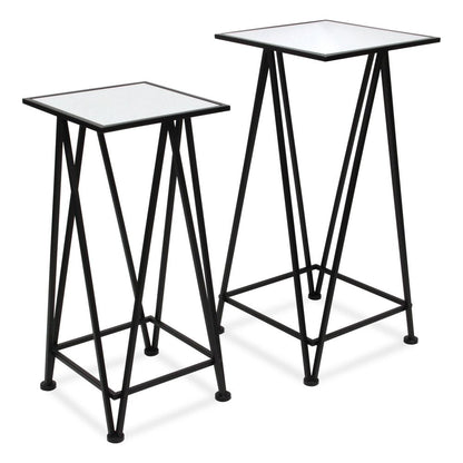 Set of Two Silver and Black Mirrored Glass and Steel Square Frame Nested Tables HomeRoots