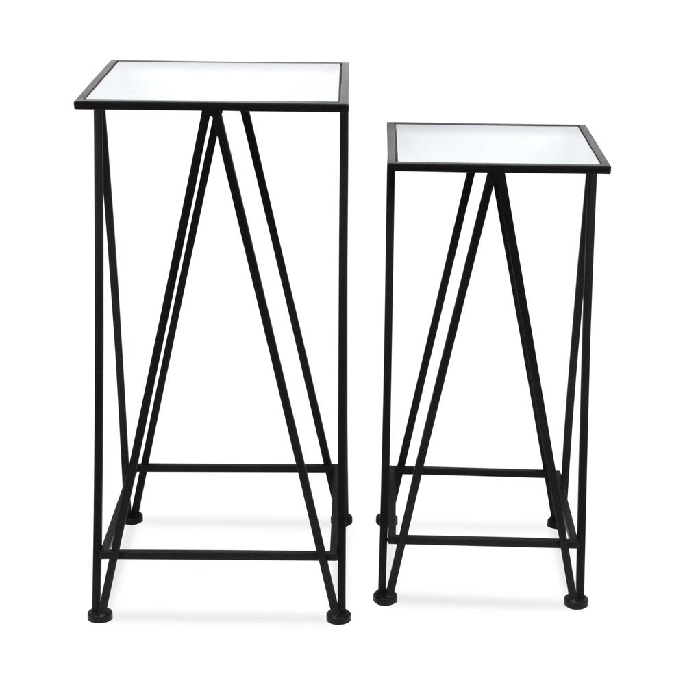 Set of Two Silver and Black Mirrored Glass and Steel Square Frame Nested Tables HomeRoots