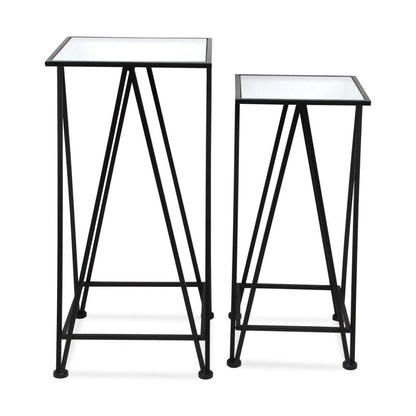 Set of Two Silver and Black Mirrored Glass and Steel Square Frame Nested Tables HomeRoots
