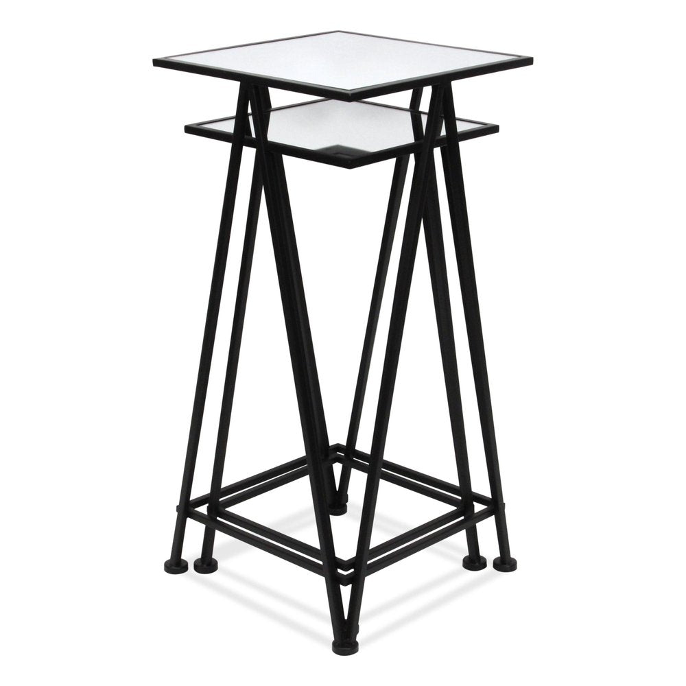 Set of Two Silver and Black Mirrored Glass and Steel Square Frame Nested Tables HomeRoots