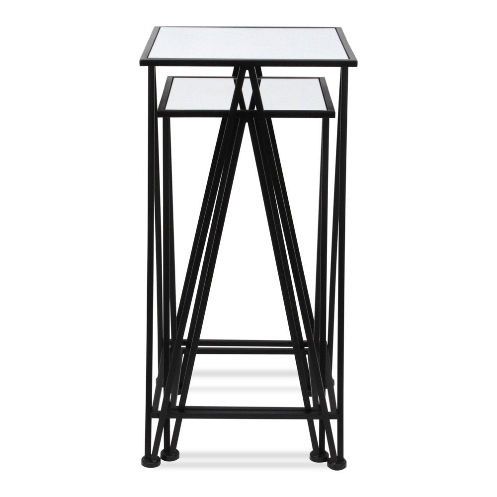 Set of Two Silver and Black Mirrored Glass and Steel Square Frame Nested Tables — view 7