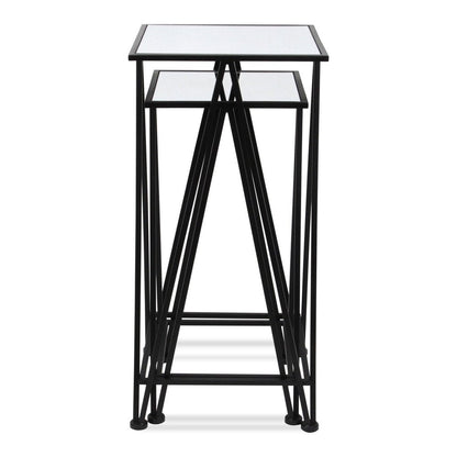 Set of Two Silver and Black Mirrored Glass and Steel Square Frame Nested Tables HomeRoots